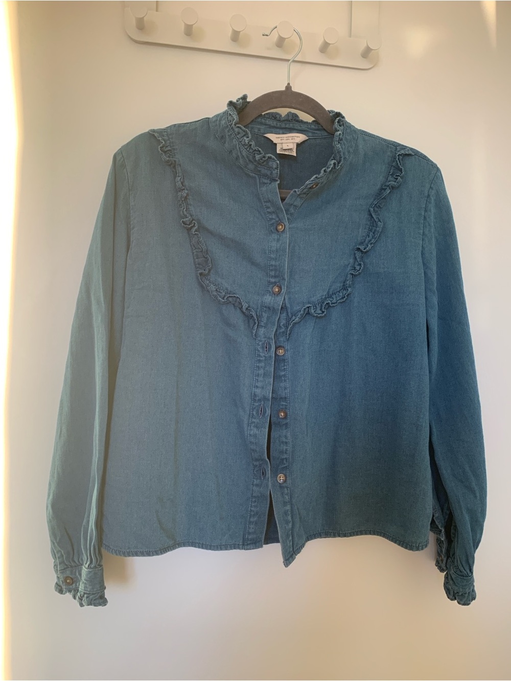 French Connection 100% Cotton Ruffle-Trim Button Front Blouse - Denim Blue